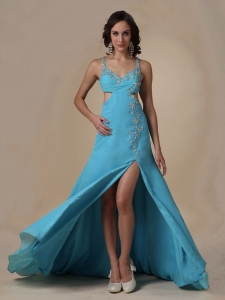 Aqua Blue Spaghetti Straps Chiffon Beading Prom Pageant Dress