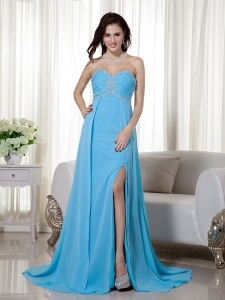 Brush Train Pageant Evening Dress Baby Blue Beading Ruch