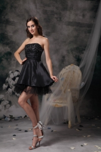 Black Strapless Mini-length Taffeta and Tulle Beading Prom