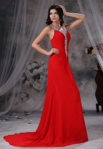 Scoop Beaded Neckline Bust Red Chiffon Pageant Evening Dress