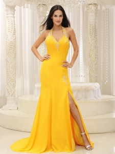 Prom Pageant Dress High Slit Halter Top Yellow Chiffon