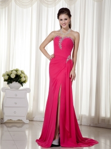 Hot Pink Sweetheart Pageant Evening Dress Brush Train Beaded