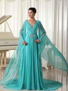 Long Sleeves Maxi/Celebrity Dress Turquoise Chiffon Appliques