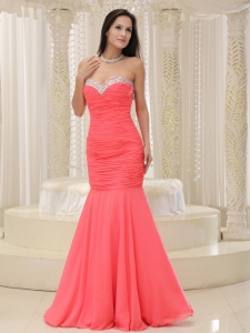 Mermaid Coral Red Prom Pageant Dress Beaded Decorate Bust