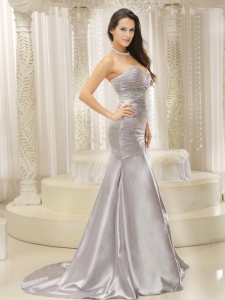 Pageant Evening Dress Satin Ruched Beaded Silver Mermaid