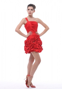 One Shoulder Beading Ruch Mini-length Red Nightclub/Cocktail Dress