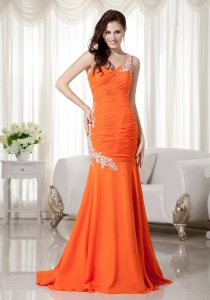 Orange Mermaid One Shoulder Chiffon Pageant Evening Dress