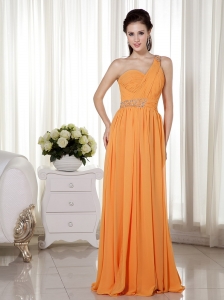 Orange Evening DressesOne Shoulder Floor-length Chiffon Beading