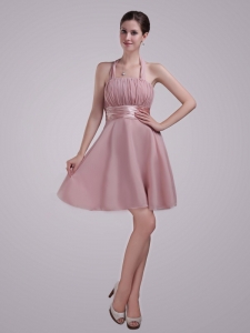 Pink Halter Mini-length Chiffon Ruch Prom Graduation Dress