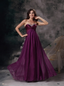 Dark Purple Prom Maxi Dress Sweetheart Chiffon Beading Empire