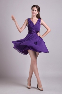 Purple V-neck Mini-length Chiffon Prom Graduation Dress