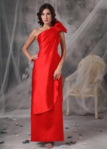 Red One Shoulder Floor-length Elastic Woven Satin Ruched Dresses