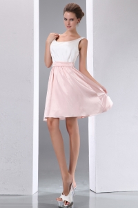 White and Pink Prom Graduation Dress Scoop Mini-length Taffeta