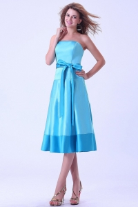 Aqua Blue Strapless Bridemaid Dress Sash Tea-length Satin
