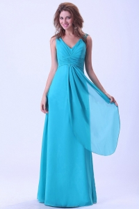 Aqua Blue Prom Dress With Floor-length V-neck Chiffon Ruch