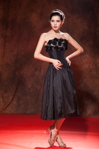 Black Prom Little Black Dress Strapless Taffeta Handle Flowers