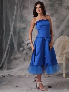 Royal Blue Bridesmaid Dress Tea-length Taffeta Sash Strapless