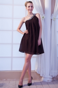 Brown One Shoulder Prom/Maxi Dress Mini-length Beading Chiffon