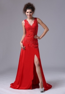 Chiffon Pageant Evening Dress Beading V-neck Red
