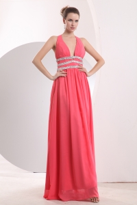 Halter Prom Pageant Dress Coral Red Chiffon Beading Empire