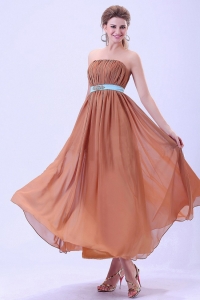 Red Prom Blue Belt and Ruching Chiffon Ankle-length
