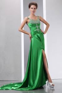 Pageant Celebrity Dress Green Court Train Beading Straps