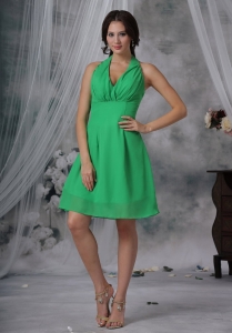 Bridesmaid Dress Green V-neck Halter Chiffon Knee-length
