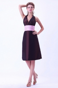 Halter Prom Dress Brown With Pink Belt Taffeta Knee-length