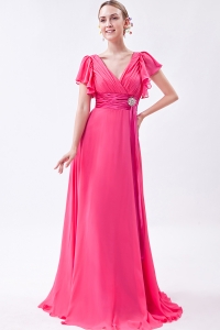 Chiffon Ruch Prom/Maxi Dress Hot Pink V-neck Brush Train Empire