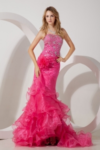 Hot Pink Celebrity Dress Mermaid Strapless Organza Beading Brush Train