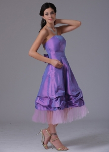 Lavender Bridesmaid Dress Strapless Tea-length A-line Tulle Taffeta