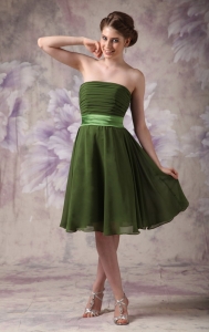 Olive Green Bridesmaid Dress Strapless Knee-length Chiffon Sash