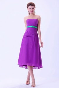 Purple Chiffon Bridemaid Dress Green Belt Tea-length Ruch