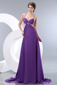 Prom Pageant Dress Beaded Straps Purple Empire Brush Train