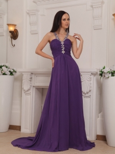 Purple V-neck Chiffon Beading Ruch Prom Pageant Dress