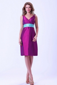 Taffeta Purple Prom / Homecoming Dress V-neck With Blue Belt