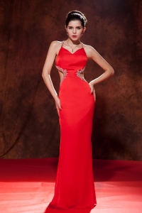 Red Beaded Prom Pageant Dress Straps Brush Train Chiffon