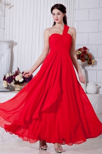 One Shoulder Ankle-length Prom/Maxi Dress Red Chiffon Empire Ruch