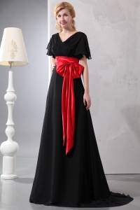 Chiffon Taffeta Prom/Maxi Dress Red and Black V-neck Short Sleeves
