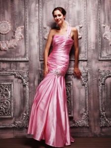 Pink Mermaid Evening Gown One Shoulder Taffeta Beading Ruch