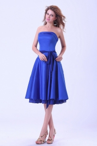 Royal Blue Bridemaid Dress Strapless With Satin Sash Tea-length