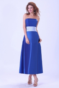Royal Blue Bridemaid Dress Taffeta Light Blue Sash Tea-length