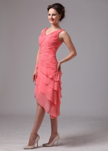 Bridesmaid Dress Watermelon Red Ruched V-neck