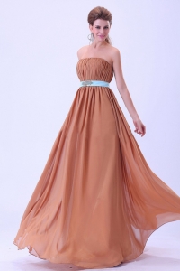 Rust Red Prom Dress Ruched with Blue Belt Chiffon Floor-length