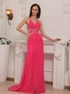 Hot Pink Column Halter Chiffon Beading Prom Pageant Dress