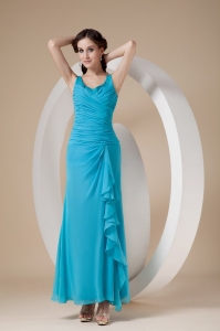Turquoise Chiffon Bridesmaid Dress Straps Ankle-length Sheath