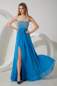 Chiffon Pageant Celebrity Dress Teal Empire Strapless Beading Slit