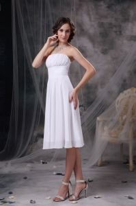 White Ruched Bridesmaid Dress Strapless Knee-length Chiffon