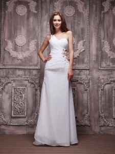 White One Shoulder Ruch Beading Pageant Evening Dress