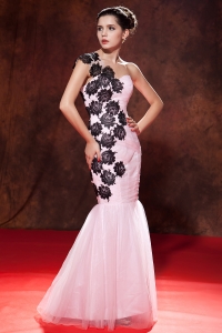 One Shoulder Prom Pageant Dress Baby Pink Embroidery Mermaid